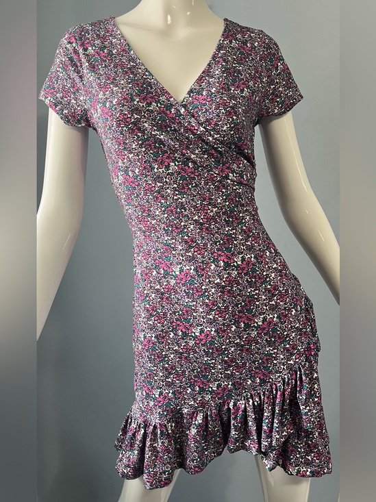 Rebel Sugar Dresses & Skirts - Rebel Sugar Pink & Purple Floral Faux Wrap Stretch Mini Dress Ruffle Hem Size S